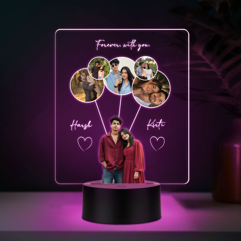 Personalized Couple LED Photo Lamp, Forever with You Custom Acrylic Night Light with Multiple Photos with Color Changing Base
